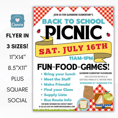 editable back to school picnic invitation flyer set school PTO PTA PTC organization party invite