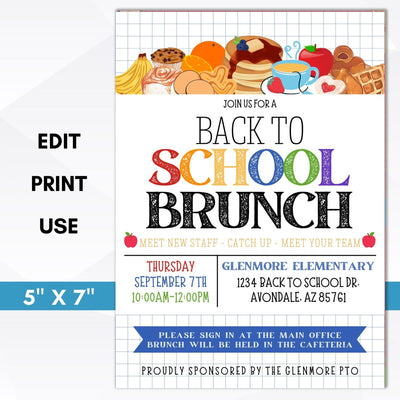 back to school teacher staff luncheon brunch invitation editable template digital download