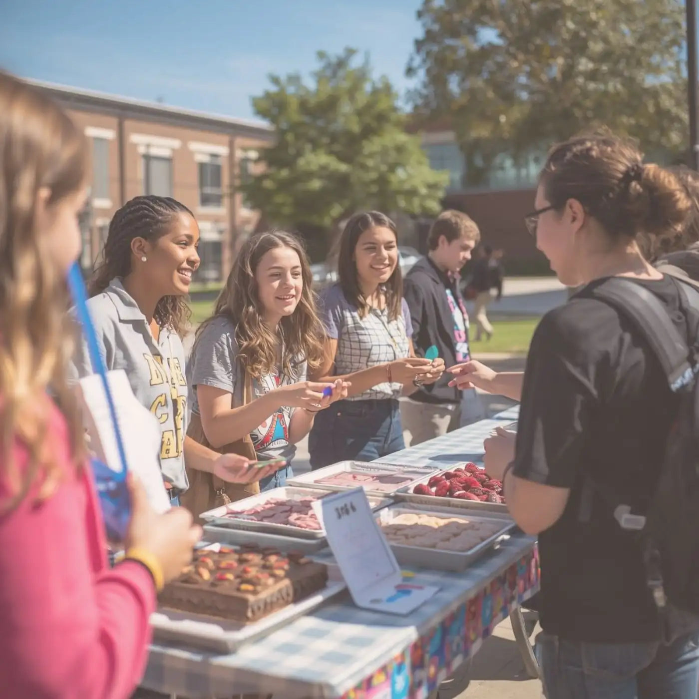 Group of people at an outdoor event with a food table selling baked goods representing a collection of editable bake sale flyer templates for schools, churches, and PTOs created by Simple Desert Designs.