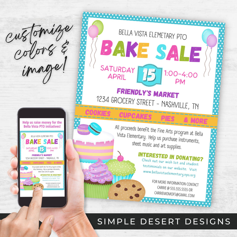colorful fun bake sale fundraiser flyers in digital invitaitions and printed