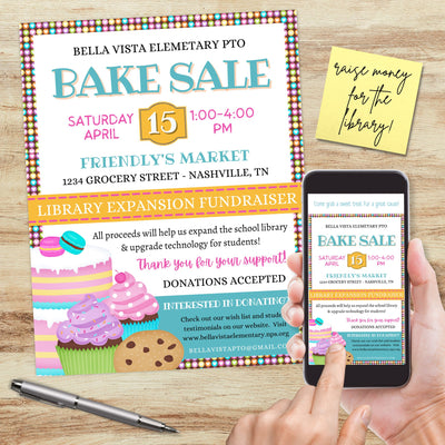 personalized bake sale fundraiser flyer in printed and digital invitaitons format