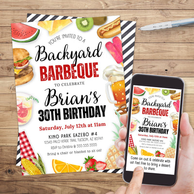 adult backyard barbeque birthday party invitation with beer and cocktails