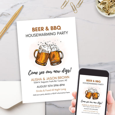 barbeque and beer housewarming party invitaton or backyard beer and bbq keg party invite
