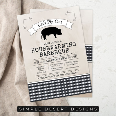 minimal black and white gingham vintage whole pig barbeque party invitation