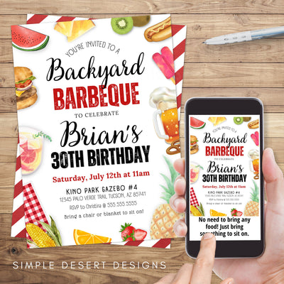 barbeque birthday party invitation with fun picnic and bbq foods