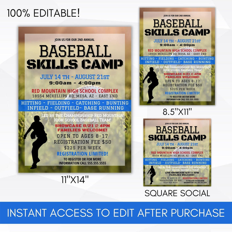 athletic booster baseball camp fundraising event flyer poster sign marketing set