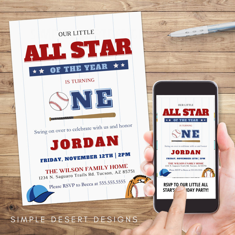 personalized all star baseball 1st birthday invitation in printed and digital e invite formats