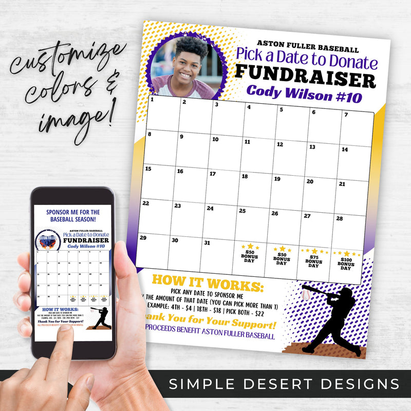 fully customizable baseball pick a day to donate calendar fundraiser template with photo or logo