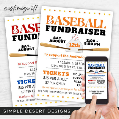 baseball fundraiser flyer with customizable colors to match any team or charity organization
