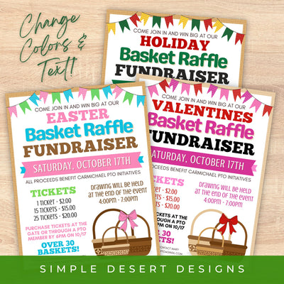 customizable basket raffle flyer shown for easter, valentines and christmas holiday