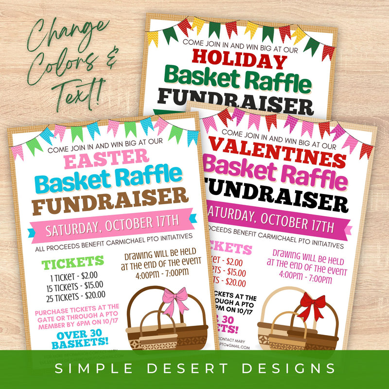 customizable basket raffle flyer shown for easter, valentines and christmas holiday