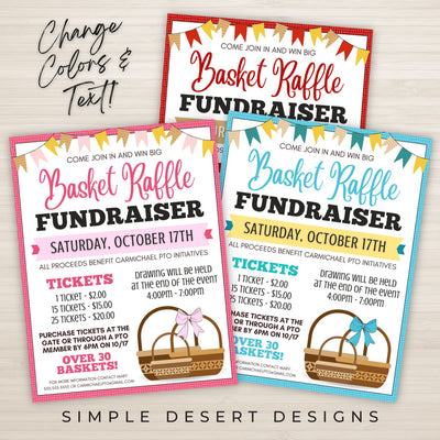 customizable basket raffle flyer shown in 3 colors change all colors and text
