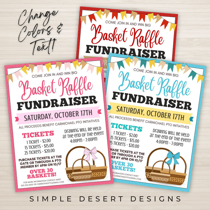 customizable basket raffle flyer shown in 3 colors change all colors and text