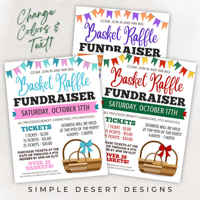 customizable basket raffle flyer shown in easter spring halloween and christmas themes