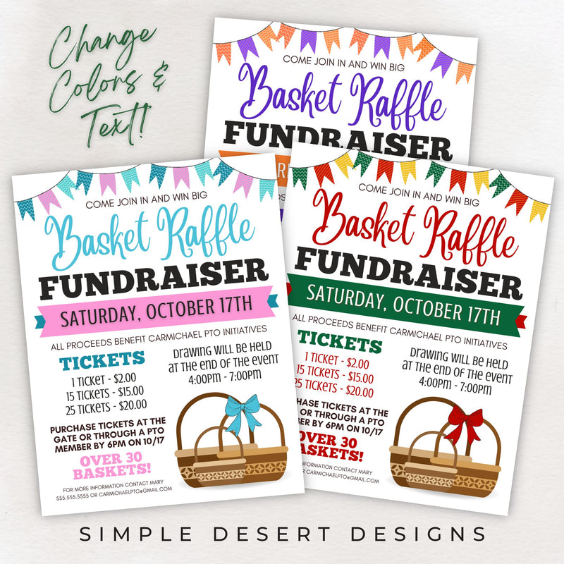 customizable basket raffle flyer shown in easter spring halloween and christmas themes