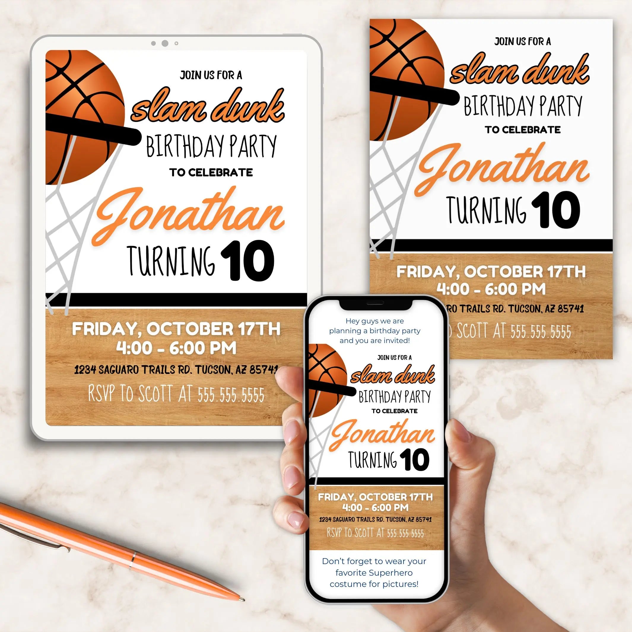 Basketball birthday party invitation for kids 10th birthday with basketball in hoop and wood court on marble surface printed, on tablet and on phone.
