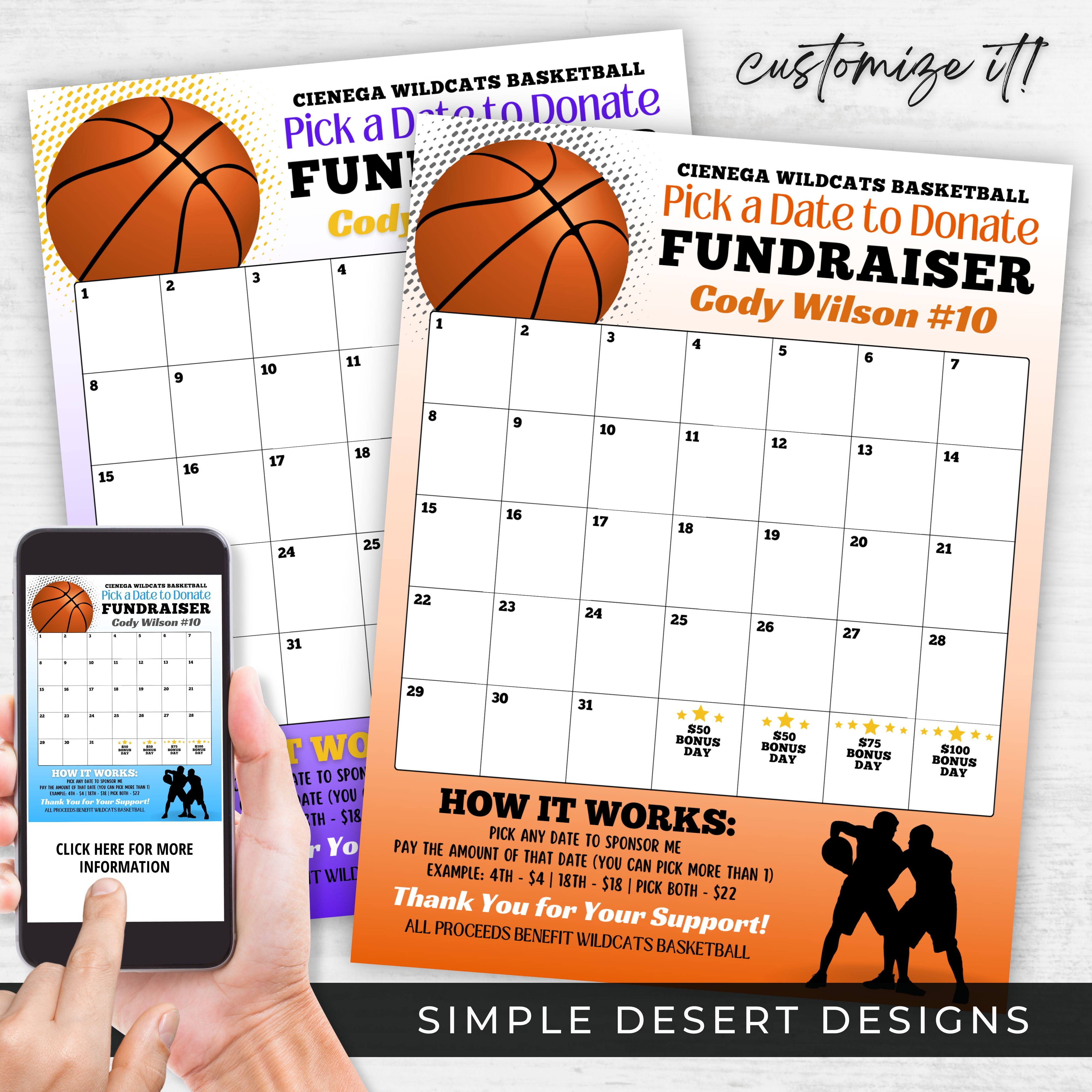 Three different views of a basketball-themed calendar fundraiser flyer with a basketball and hoop graphic. Text includes pick a date to donate and other fundraising information.
