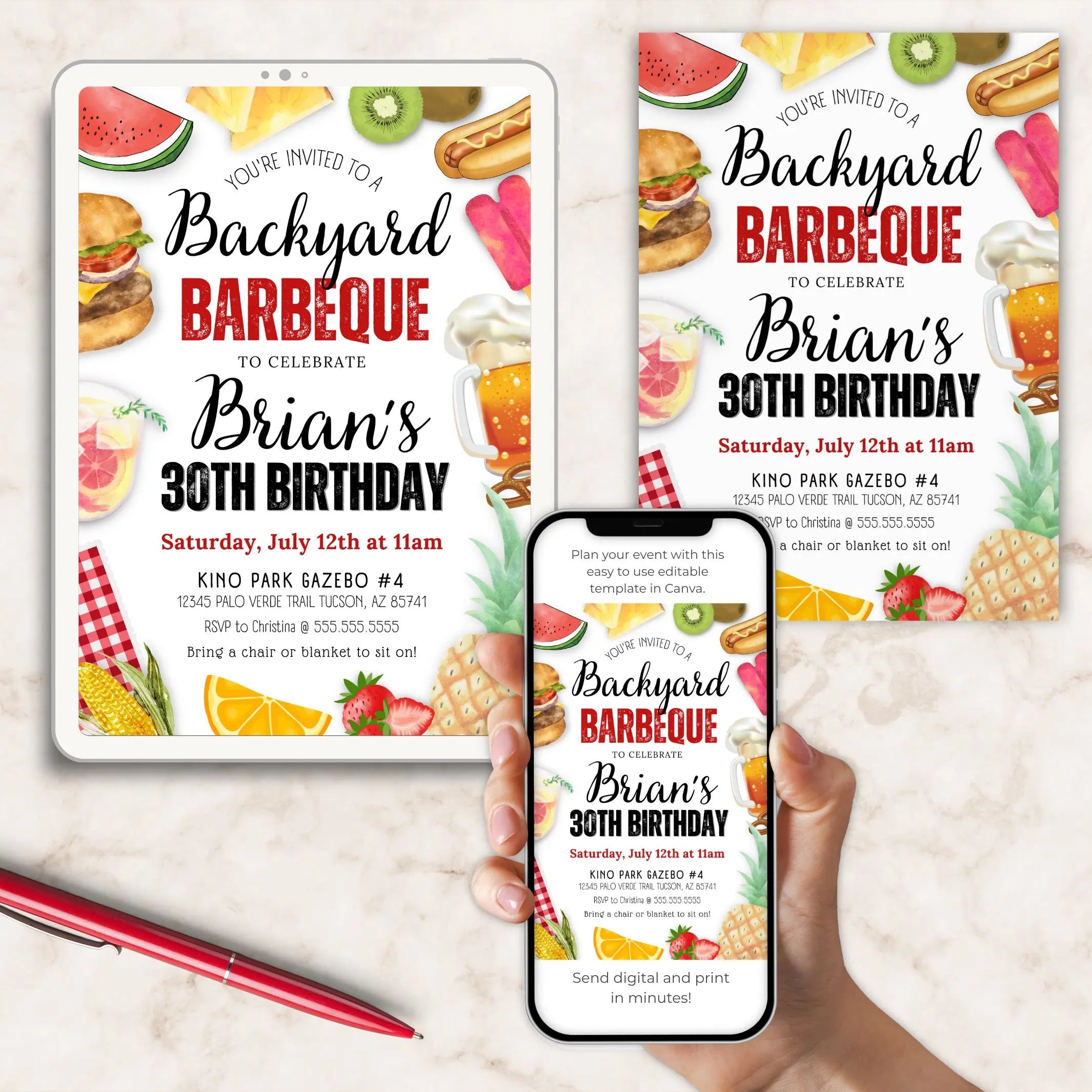 Backyard barbecue birthday invitation personalized with food graphics on a smartphone and tablet.