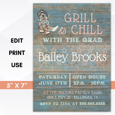 grill and chill high school senior college grad party invitation template