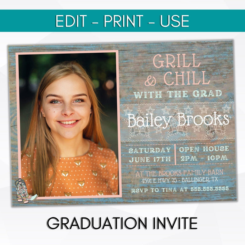 printable high school college graduation party grill and chill summer barbecue party invite