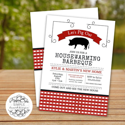 traditional modern red white and black whole pig housewarming barbeque party invitation