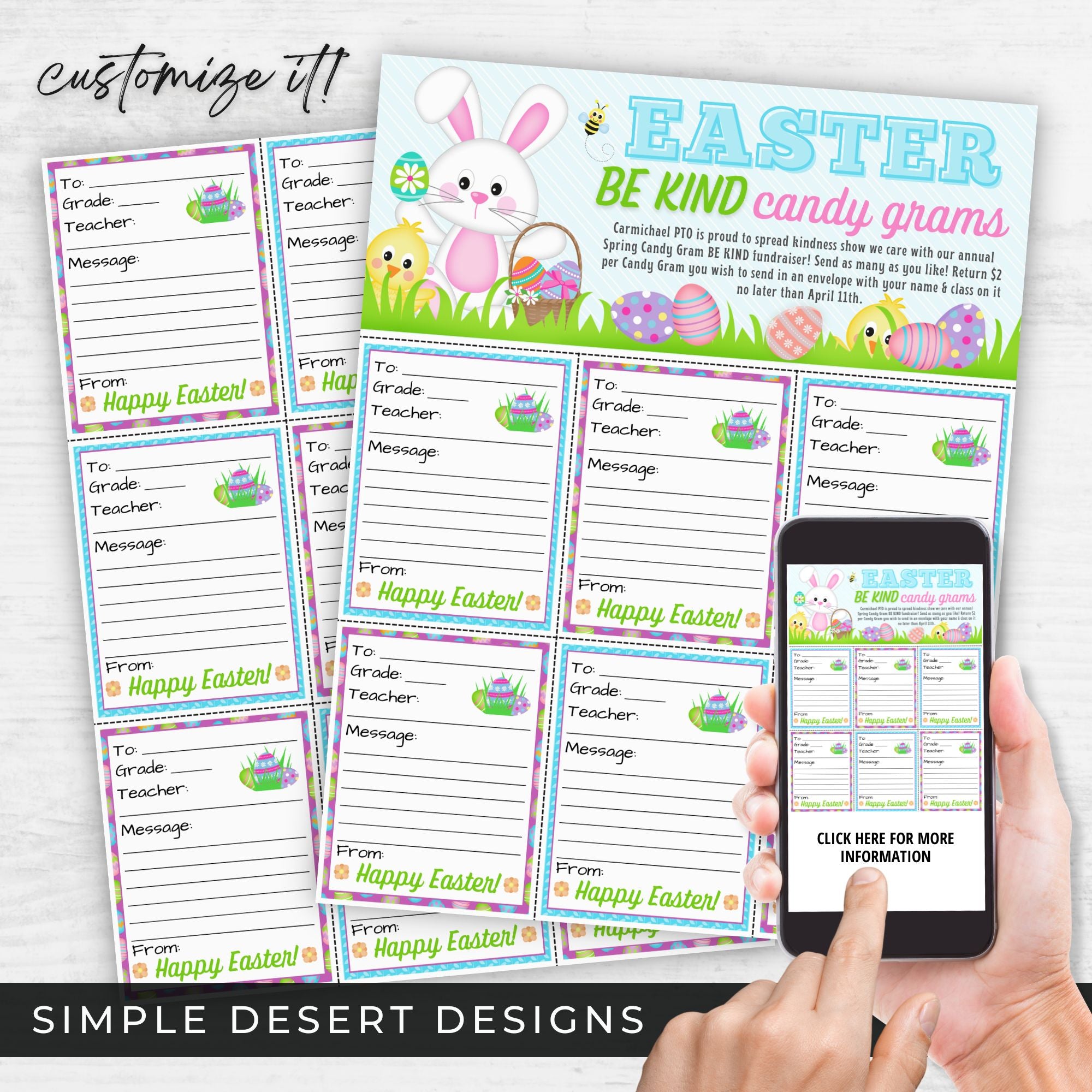 Easter candy gram fundraiser flyer with individual tags and full sheet of candy gram templates on white surface and displayed on phone