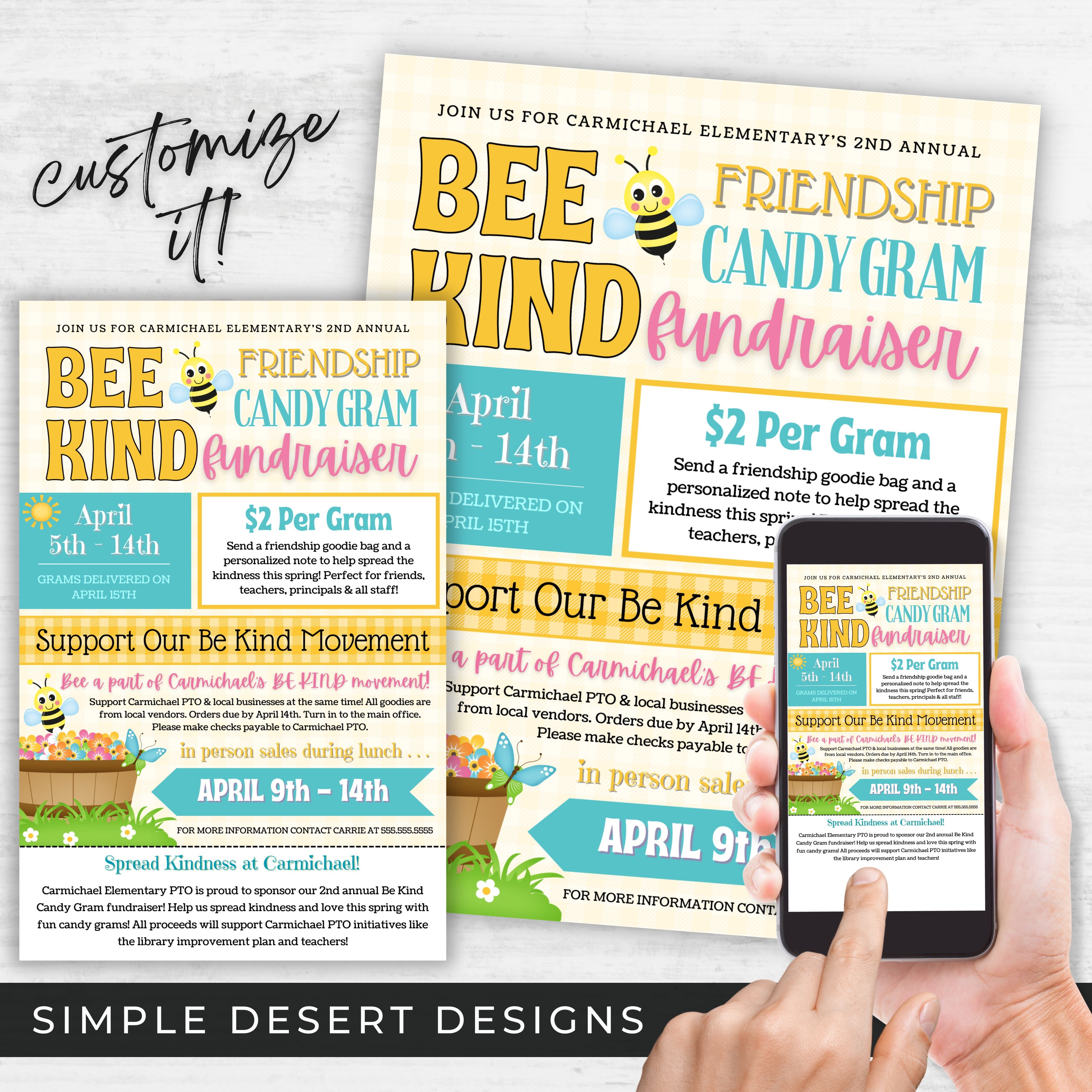 customizable bee kind candy gram fundraiser for freindship grams