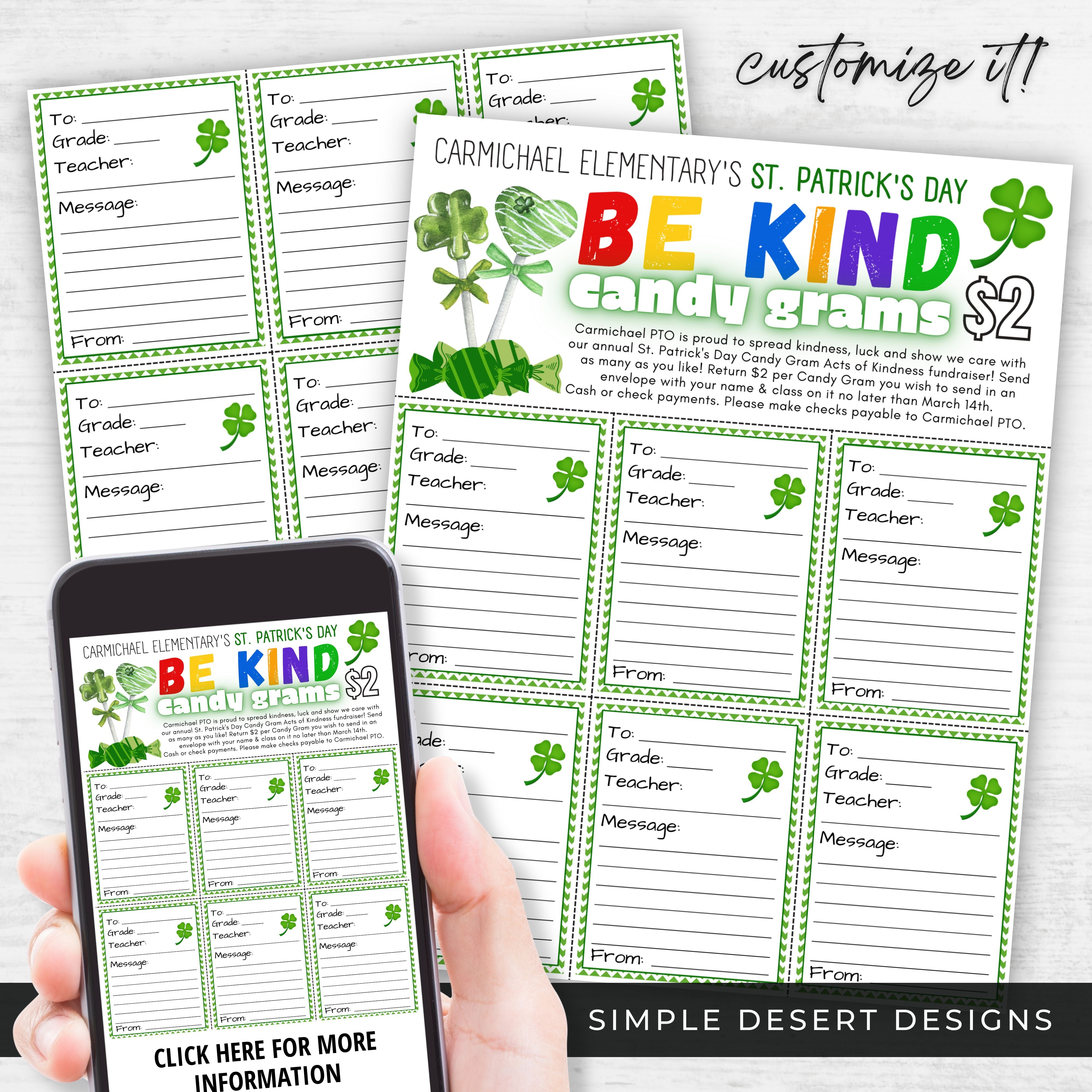 customizable candy gram fundraiser sheets for st patricks day be kind movement