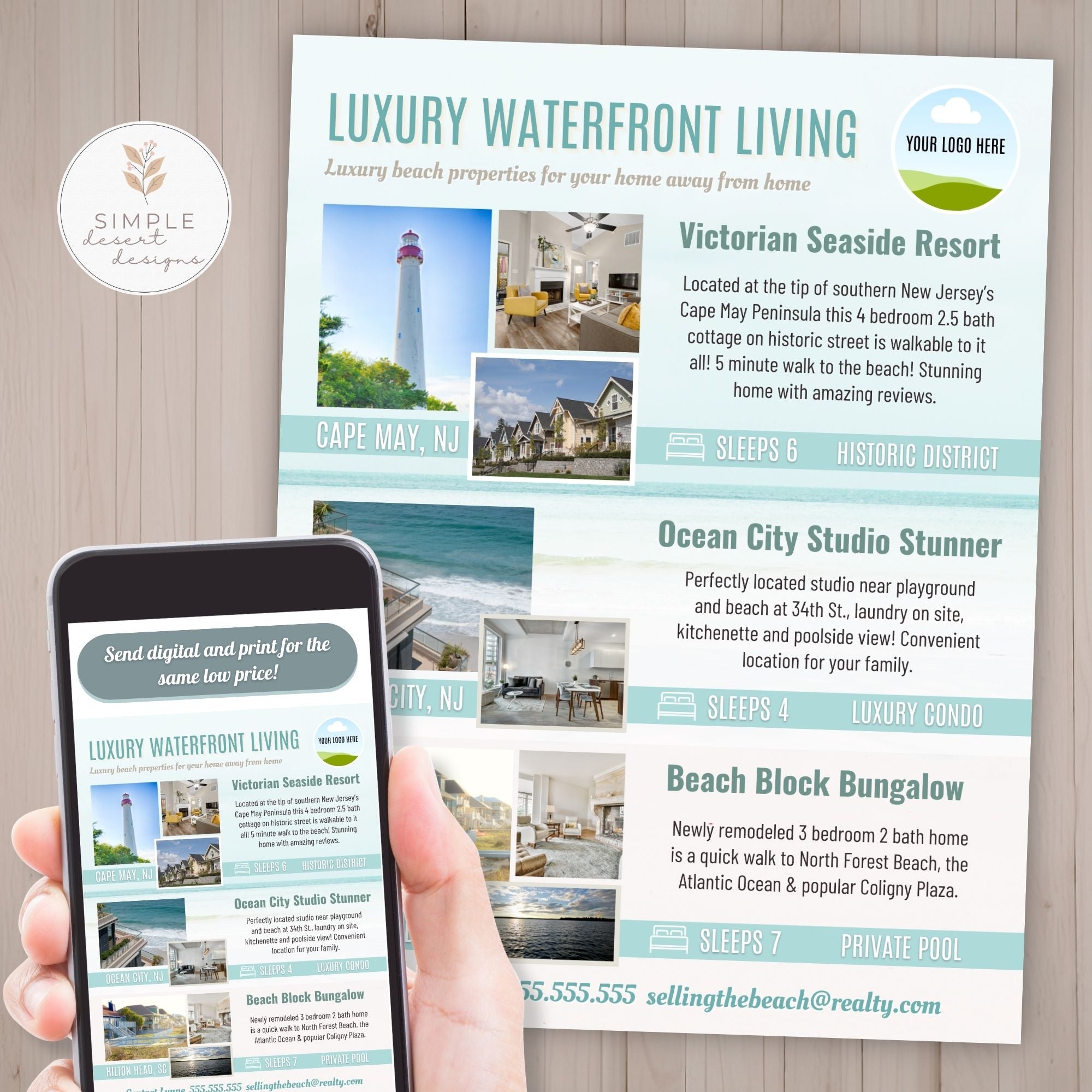 real estate flyer showing three beach properties on wood surface and cell phone with logo and image placeholders.