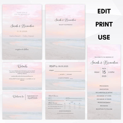 elegant beach sunset wedding invitation suite