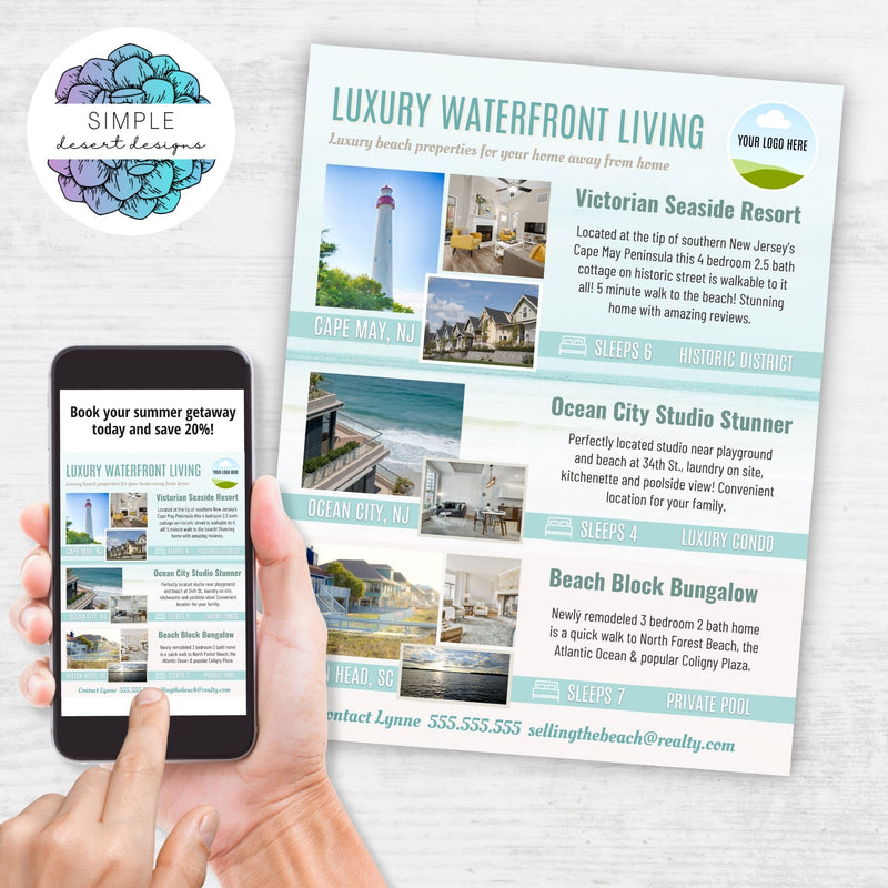 customizable marketing for beach house properties or rental home advertising brochure