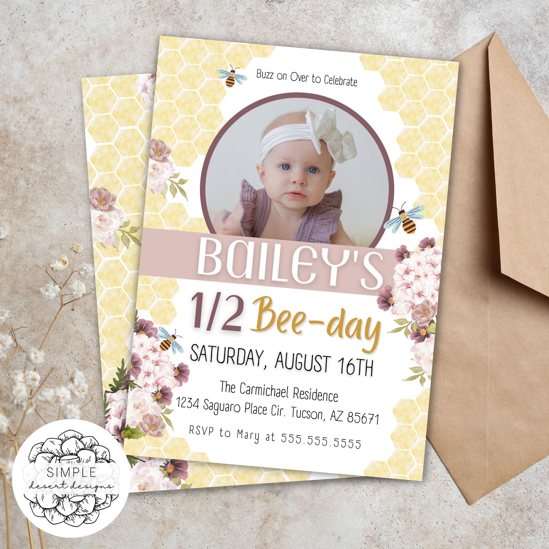 vintage floral bee birthday invitation with photo