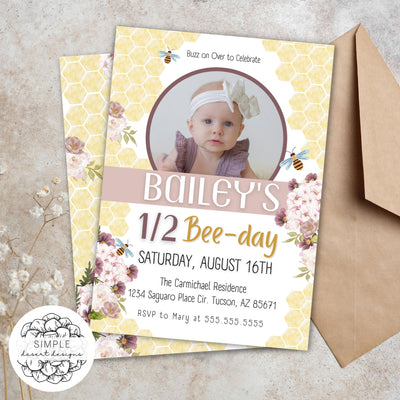 vintage floral bee birthday invitation with photo