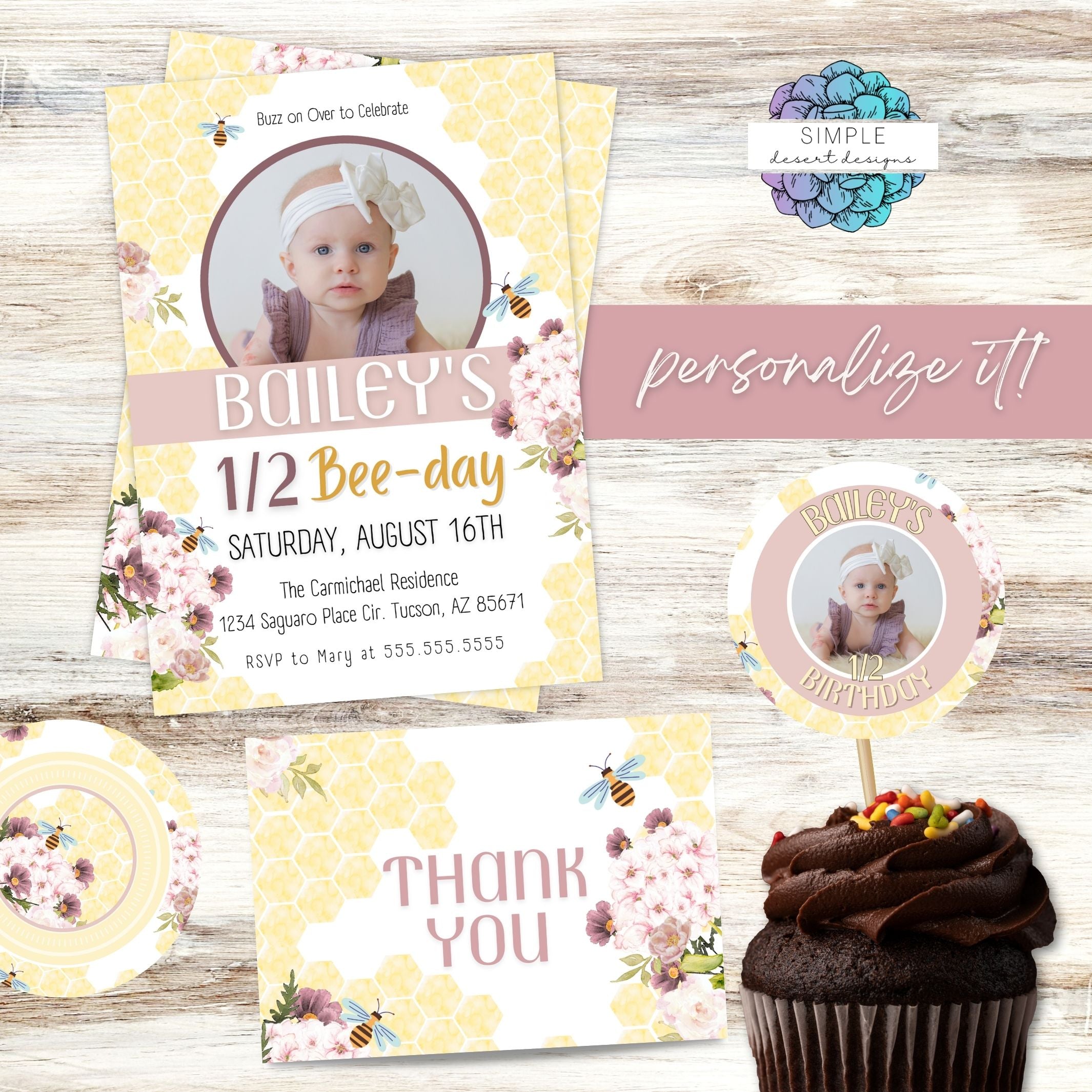 elegant bee theme birthday invitations and thank you cards with cupcake toppers and favor tags birthday invitation suite