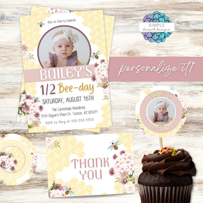 elegant bee theme birthday invitations and thank you cards with cupcake toppers and favor tags birthday invitation suite