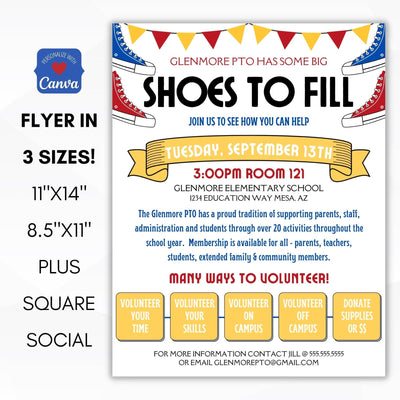 back to school big shoes to fill volunteer recruitment flyer poster sign set for school pto pta ptc membership drive
