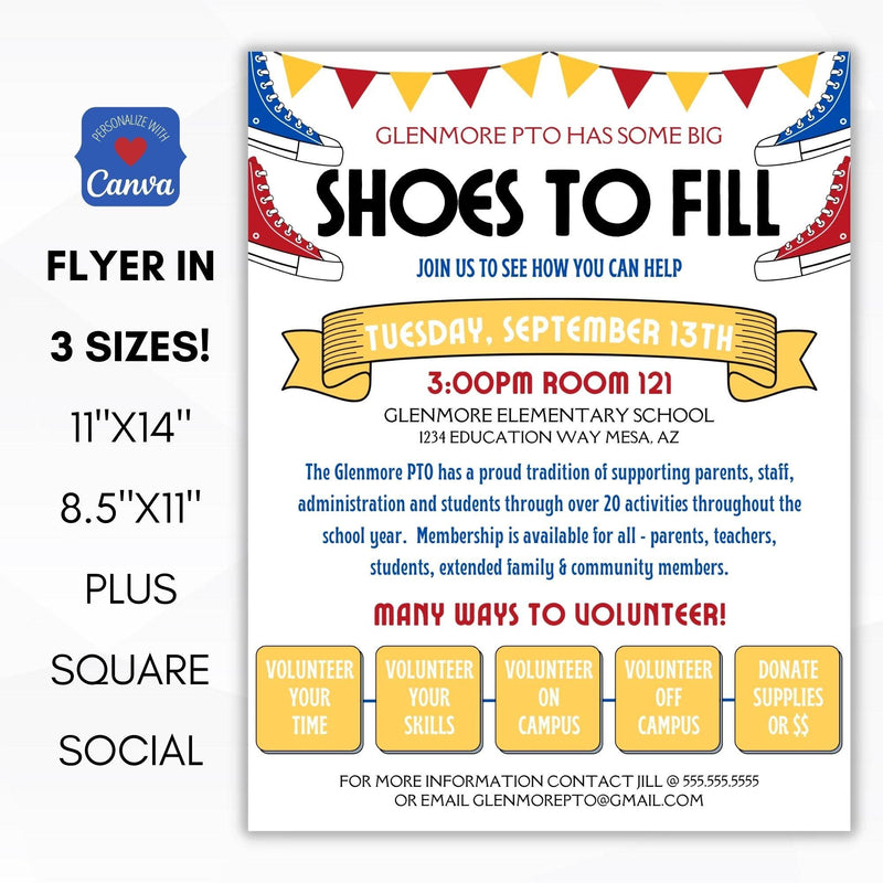 back to school big shoes to fill volunteer recruitment flyer poster sign set for school pto pta ptc membership drive