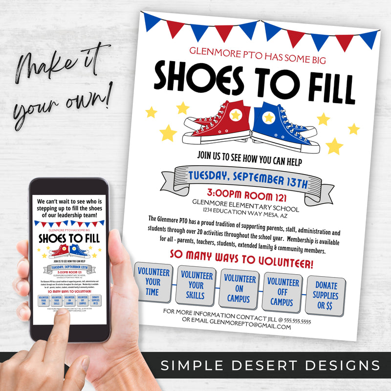 customizable big shoes to fill stepping up leadership membership drive flyers