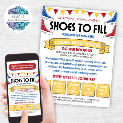 cute and fun membership drive flyer with big shoes to fill theme