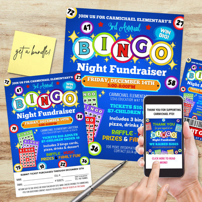 all in one bundle for bingo fundraiser events with invitation flyer tickets and social media posts