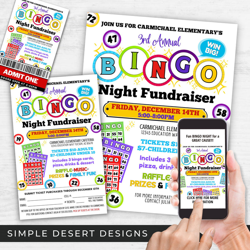 fun bingo night fundraiser flyer, tickets, social media post bundle
