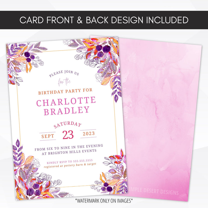 purple birthday invitation template printable