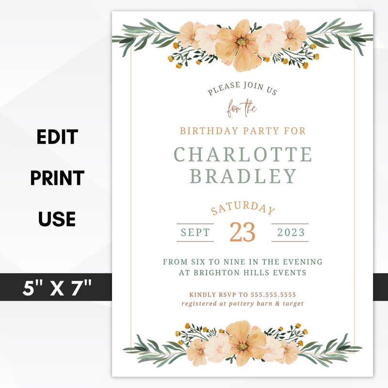 birthday invite with vintage peach floral aesthetics