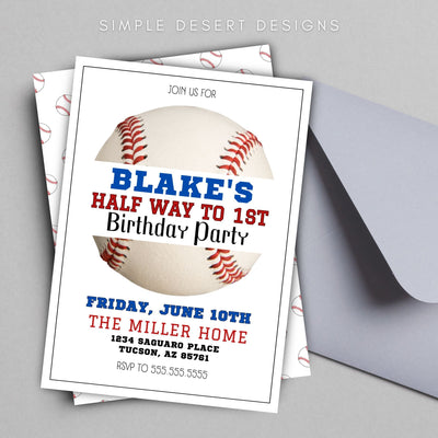 baseball birthday party invitation with simple red white and blue theme