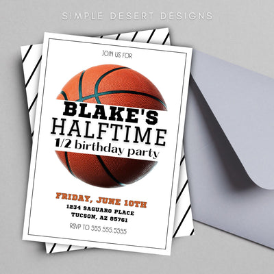 basketball birthday party invitation with editable text and grey envelope on desk