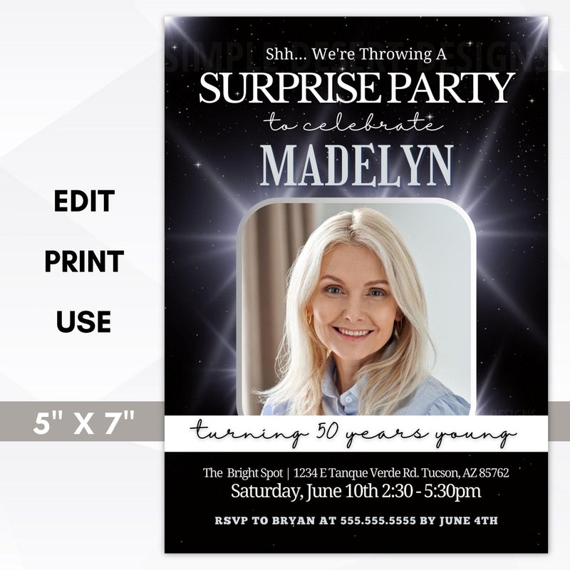 black surprise party invitation