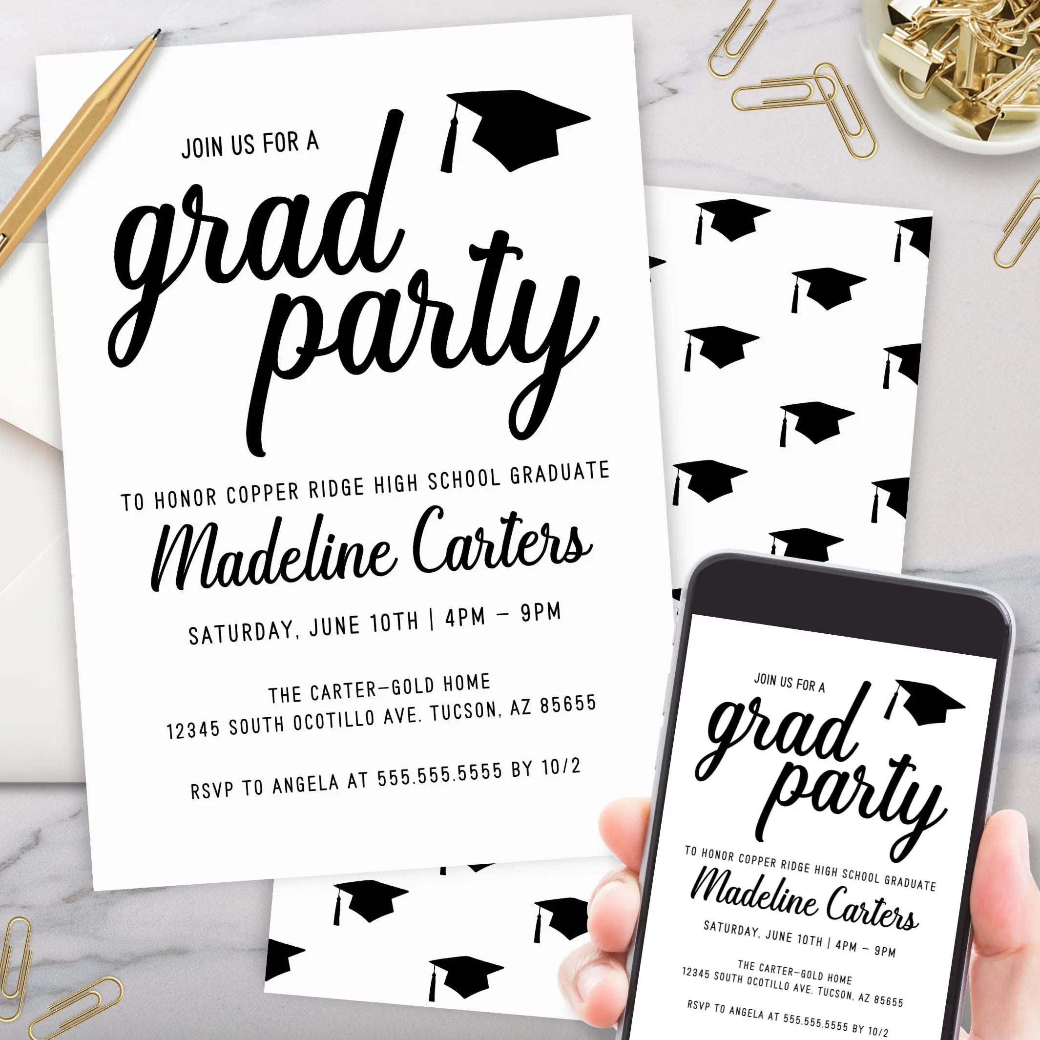 Graduation party invitation with black caps on a white background, held by a hand with a phone with editable text for customized graduation announcement party invitation.