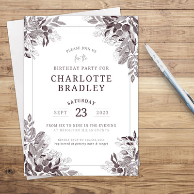 elegant and artistic black and white birthday party invitation digital and printed formats