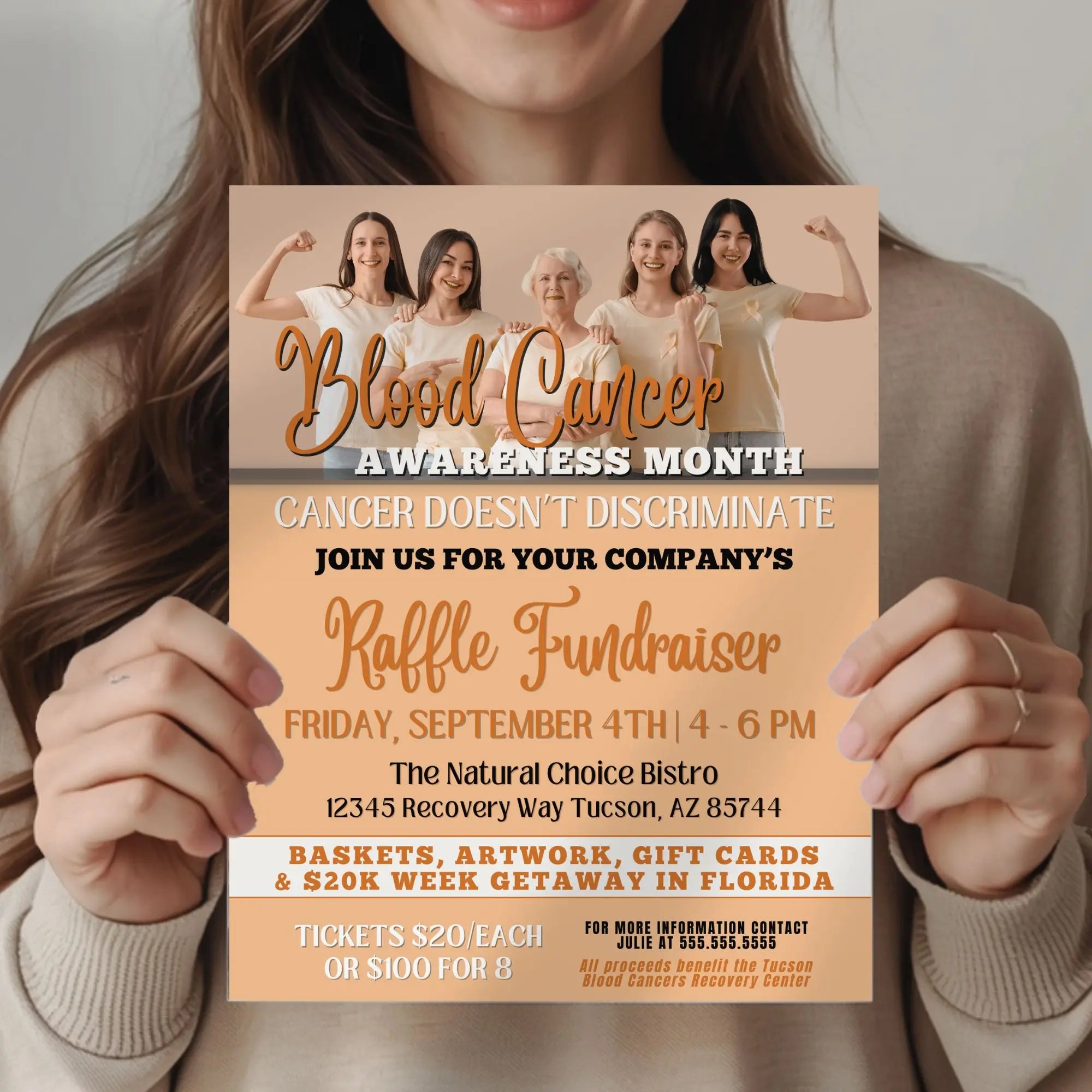 Person holding a Blood Cancer Awareness Month fundraiser poster.