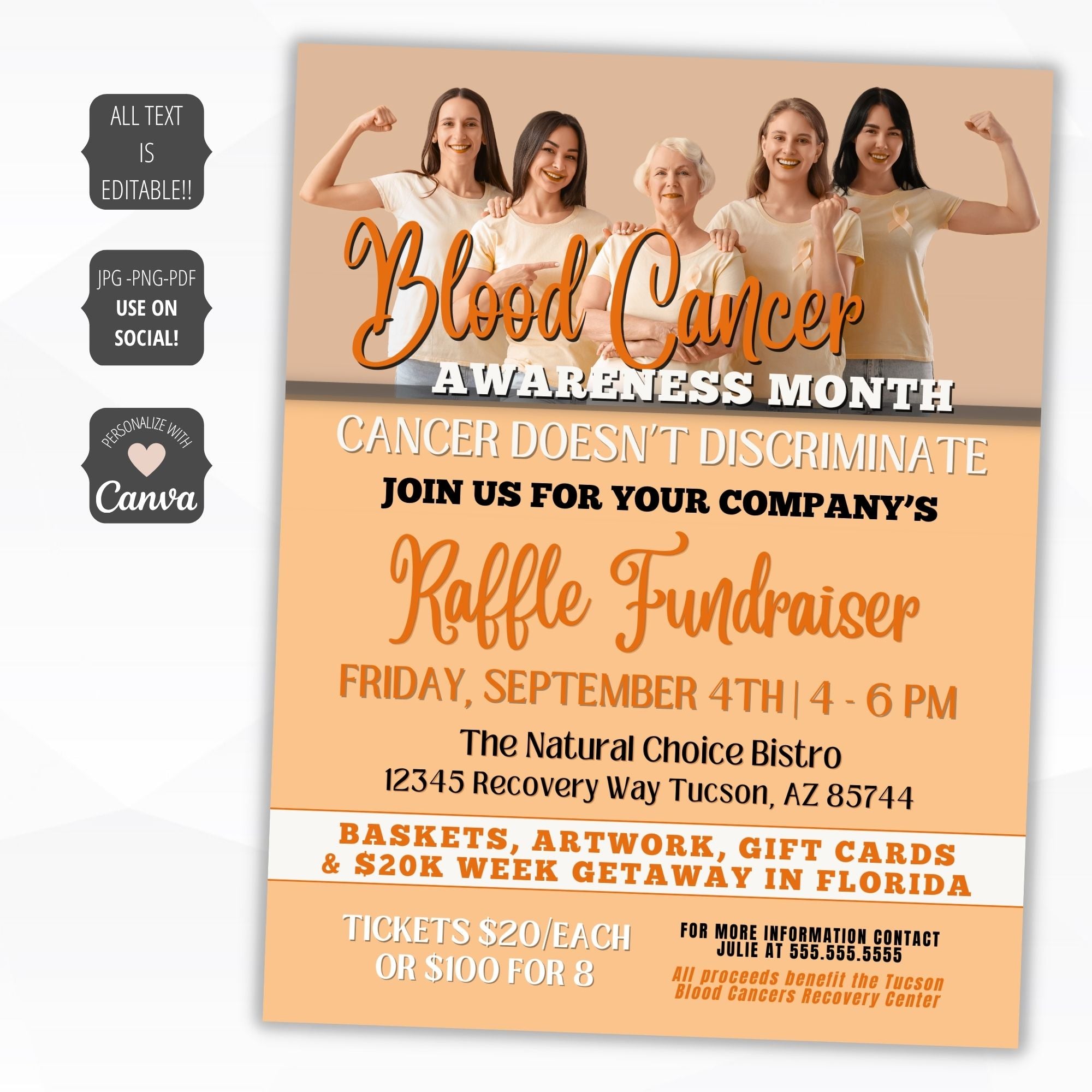 Promotional flyer for a blood cancer awareness raffle fundraiser event.
